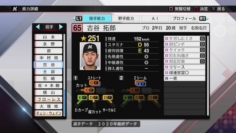 【プロスピ2020選手能力 / NPB PLAYER'S DATE】ロッテ 65 古谷拓郎選手 MARINES TAKURO FURUYA