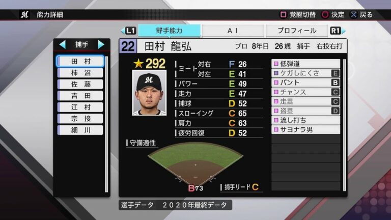 【プロスピ2020選手能力 / NPB PLAYER'S DATE】ロッテ 22 田村龍弘選手 MARINES TATSUHIRO TAMURA