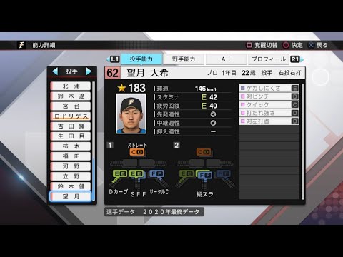 【プロスピ2020選手能力 / NPB PLAYER'S DATE】日本ハム 62 望月大希選手 FIGHTERS DAIKI MOCHIZUKI