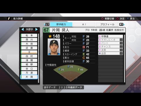 【プロスピ2020選手能力 / NPB PLAYER'S DATE】日本ハム 67 片岡奨人選手 FIGHTERS SHOTO KATAOKA