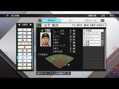 【プロスピ2020選手能力 / NPB PLAYER'S DATE】巨人 99 山下航汰選手 GIANTS KOTA YAMASHITA