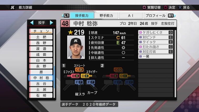 【プロスピ2020選手能力 / NPB PLAYER'S DATE】ロッテ 48 中村稔弥選手 MARINES TOSHIYA NAKAMURA