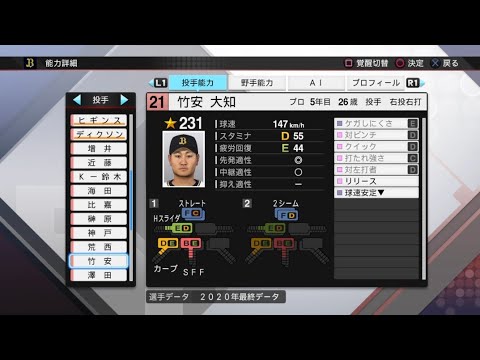 【プロスピ2020選手能力 / NPB PLAYER'S DATE】オリックス 21 竹安大知選手 ORIX BUFFALOES DAICHI TAKEYASU