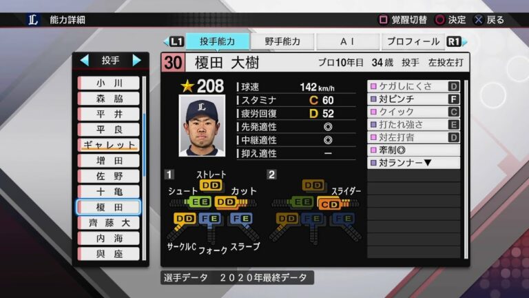 【プロスピ2020選手能力 / NPB PLAYER'S DATE】西武 30 榎田大樹選手 LIONS DAIKI ENOKIDA
