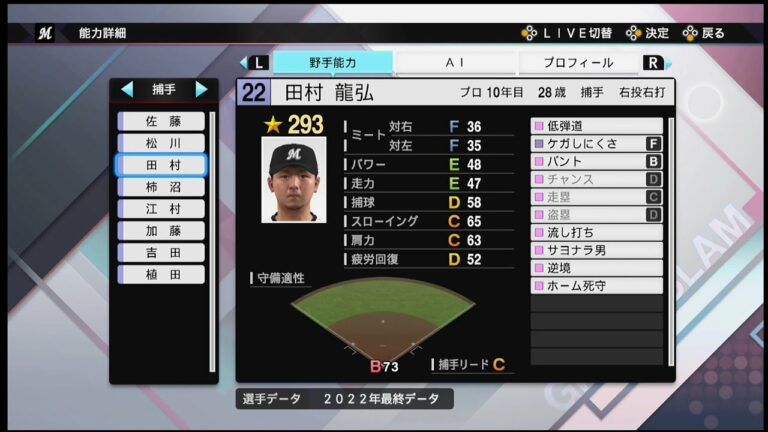 【プロスピ2022選手能力 / NPB PLAYER′S DATE】ロッテ 22 田村龍弘選手 MARINES Tatsuhiro Tamura