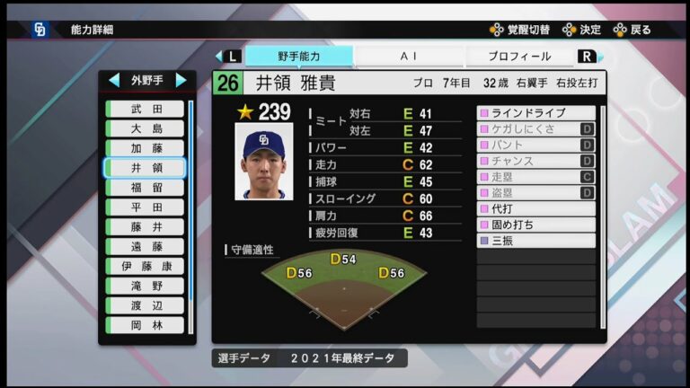 【プロスピ2021選手能力 / NPB PLAYER′S DATE】中日 26 井領雅貴選手 DRAGONS Masataka Iryo