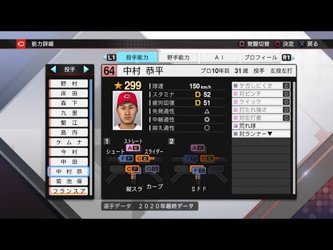 【プロスピ2020選手能力 / NPB PLAYER'S DATE】広島 64 中村恭平選手 CARP KYOHEI NAKAMURA