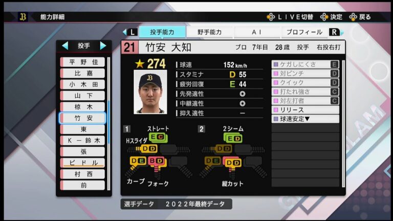 【プロスピ2022選手能力 / NPB PLAYER′S DATE】オリックス 21 竹安大知選手 ORIX BUFFALOES Daichi Takeyasu