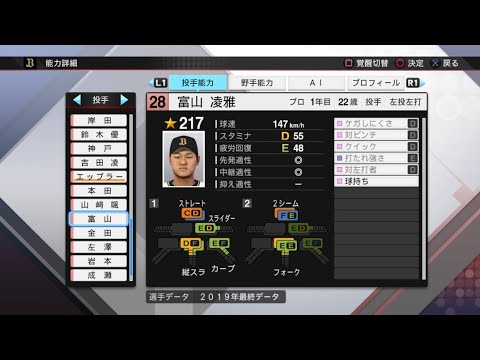 【プロスピ2019選手能力 / NPB PLAYER'S DATE】オリックス 28 富山凌雅選手 ORIX BUFFALOES RYOGA TOMIYAMA