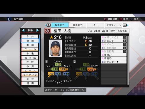 【プロスピ2019選手能力 / NPB PLAYER'S DATE】西武 30 榎田大樹選手 LIONS DAIKI ENOKIDA