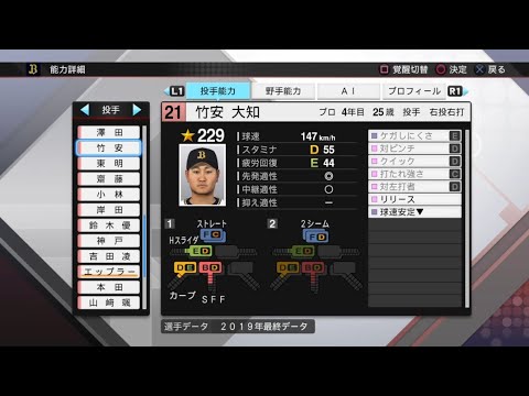 【プロスピ2019選手能力 / NPB PLAYER'S DATE】オリックス 21 竹安大知選手 ORIX BUFFALOES DAICHI TAKEYASU