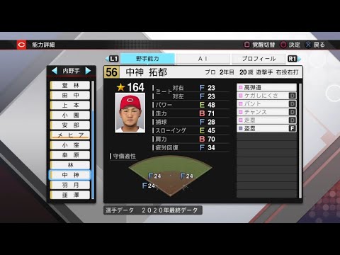 【プロスピ2020選手能力 / NPB PLAYER'S DATE】広島 56 中神拓都選手 CARP TAKUTO NAKAGAMI