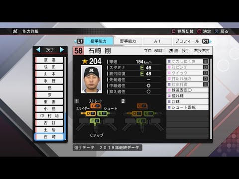 【プロスピ2019選手能力 / NPB PLAYER'S DATE】ロッテ 58 石崎剛選手 MARINES TSUYOSHI ISHIZAKI