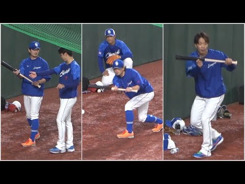 柳・髙橋宏斗・大野雄大らによる涌井のバント特訓！流石のセンスで上達していく涌井 (2023/04/02)