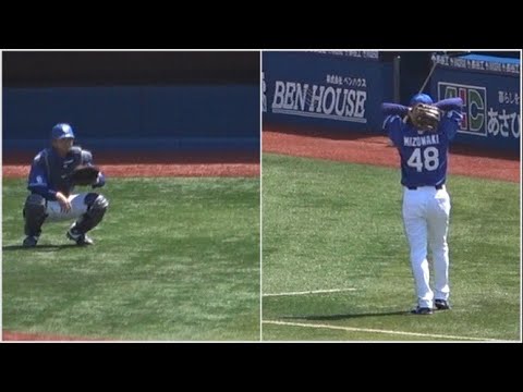 キャッチャー郡司を座らせて本域の投球練習をする溝脇 (2023/04/09)