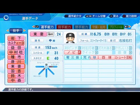 【パワプロ2023選手名鑑 / NPB PLAYER'S DATE】ロッテ 24 東妻勇輔選手 MARINES YUSUKE AZUMA
