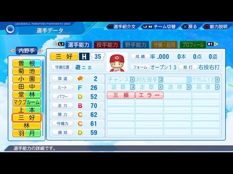 【パワプロ2023選手名鑑 / NPB PLAYER'S DATE】広島 35 三好匠選手 CARP TAKUMI MIYOSHI