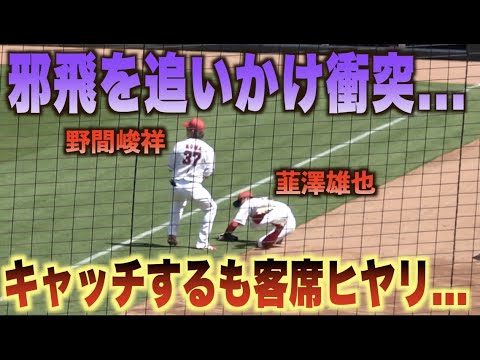 あわや大惨事…邪飛を追いかけ野間峻祥と韮澤雄也が衝突…#広島#カープ#横浜#DeNA#ベイスターズ