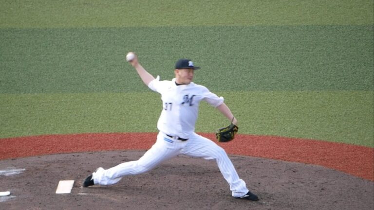 ロッテ 小野郁 投手 投球フォーム スローモーション 2023/04/06  japanese baseball pitcher 西日本短期大学附属高校ー楽天 ZOZOマリン プロ野球