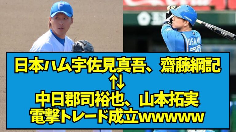【速報】日本ハム宇佐見真吾、齋藤綱記と中日郡司裕也、山本拓実の電撃トレード成立【なんJ反応】