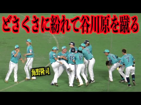 サヨナラの裏側wどさくさに紛れて谷川原健太を蹴りまくる海野隆司【福岡ソフトバンクホークス】