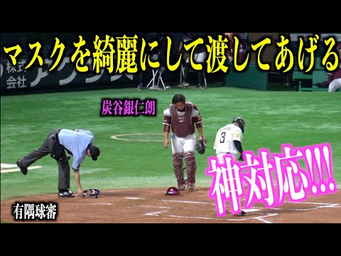 神対応！炭谷銀仁朗のマスクを綺麗にして渡してあげる有隅球審！