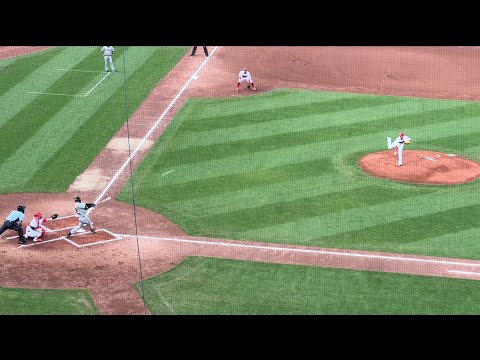阪神タイガース 島田海吏 祝プロ1号 ライトポール直撃 先頭打者ホームランの瞬間 マツダスタジアム23.7.5