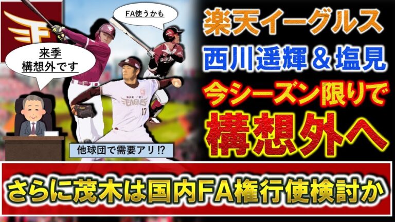 【他球団で需要アリ！？】楽天『西川遥輝』＆『塩見貴洋』が今季限りで構想外へ！さらに『茂木栄五郎』は国内FA権行使の行使を検討か！？