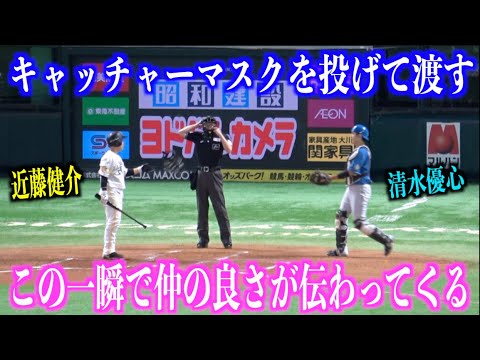 仲良しの証！清水優心のキャッチャーマスクを投げて渡す近藤健介【福岡ソフトバンクホークス】
