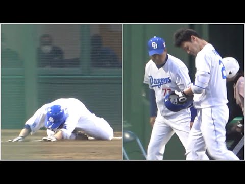 打って走り出す時に豪快にコケてしまった福谷、荒木&落合英二コーチも心配 (2023/05/16)