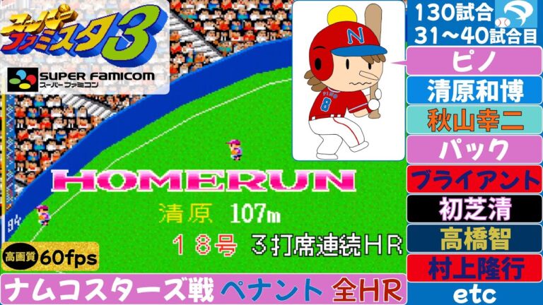 【ピノが主役】全ホームラン31〜40試合(130試合) ナムコスターズ戦【スーパーファミスタ3】