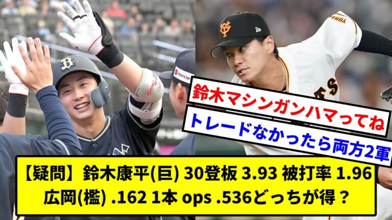 【疑問】鈴木康平(巨) 30登板 3.93 被打率 1.96  広岡(檻) .162 1本 ops .536どっちが得？ 【なんJ】【なんG】【プロ野球反応集】【5ch】【2ch】