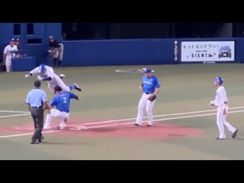【中日ドラゴンズ】牧秀悟のスライディングで一回転する高橋周平(1アウト１.３塁)◯中日ドラゴンズ対横浜DeNAベイスターズ(2023年7月27日 バンテリンドームナゴヤ)