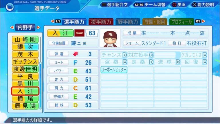 【パワプロ2023選手能力 / NPB PLAYER'S DATE】楽天 63 入江大樹選手 Eagles Daiki Irie