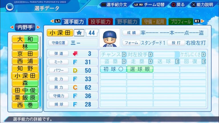 【パワプロ2023選手能力 / NPB PLAYER'S DATE】DeNA 44 小深田大地選手 BayStars Daichi Kobukata
