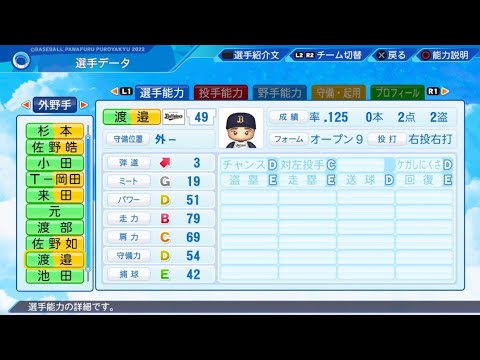 【パワプロ2023選手名鑑 / NPB PLAYER'S DATE】オリックス 49 渡邉大樹選手 ORIX BUFFALOES DAIKI WATANABE