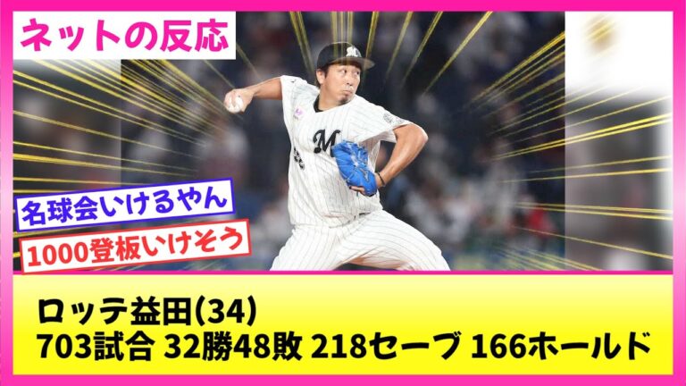 【プロ野球】ロッテ益田(34)703試合 32勝48敗 218セーブ 166ホールド　【なんJまとめ】