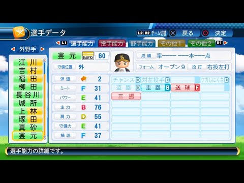 【パワプロ2016選手能力】ソフトバンク 60 釜元豪選手