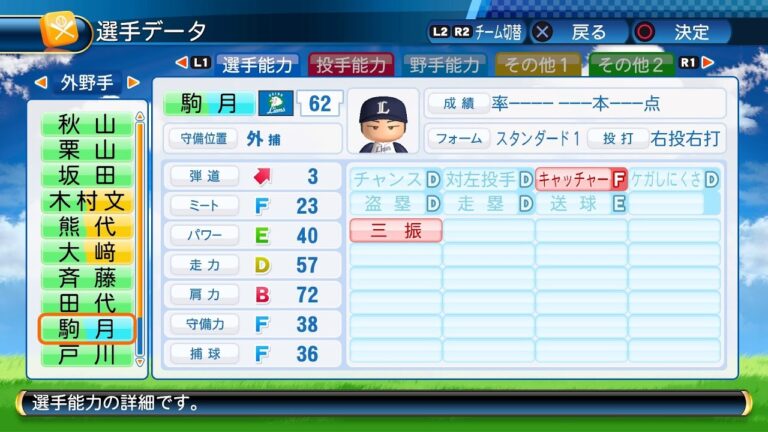 【パワプロ2016選手能力】西武 62 駒月仁人選手