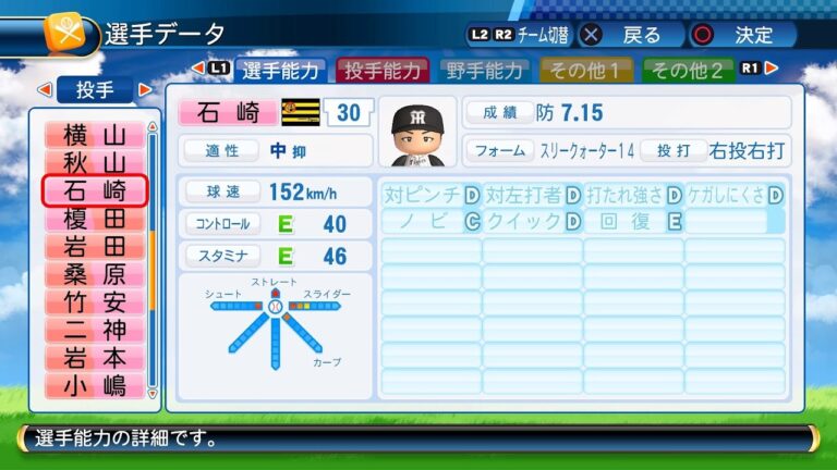 【パワプロ2016選手能力】阪神 30 石崎剛選手
