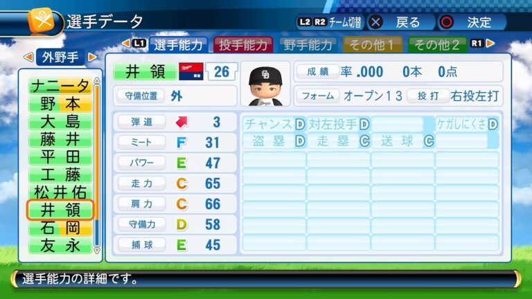【パワプロ2016選手能力】中日 26 井領雅貴選手