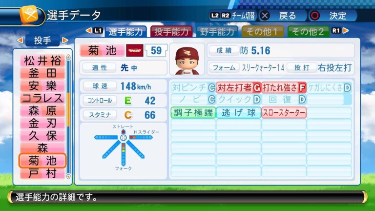 【パワプロ2017選手能力】楽天 59 菊池保則選手