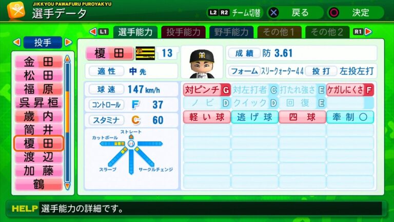 【パワプロ2014選手能力】阪神 13 榎田大樹選手
