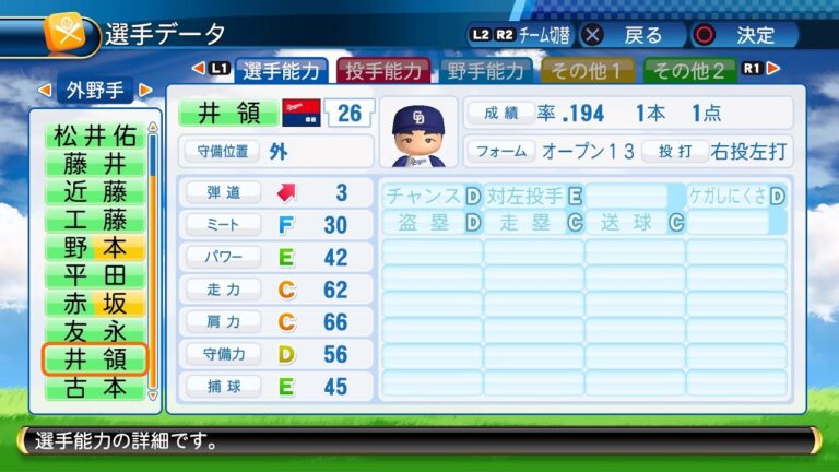 【パワプロ2017選手能力】中日 26 井領雅貴選手
