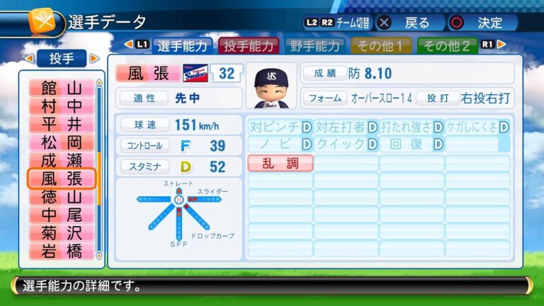 【パワプロ2017選手能力】ヤクルト 32 風張蓮選手