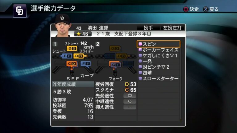【プロスピ2015選手能力】中日 43 濱田達郎選手