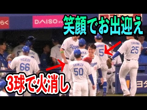 【3球で火消し】8回表1アウト1.2塁の場面で清水投手が登板！！俊足巧打の源田選手を4-6-3のダブルプレーで火消し！高橋宏斗投手も笑顔でお出迎え！！2024/05/28