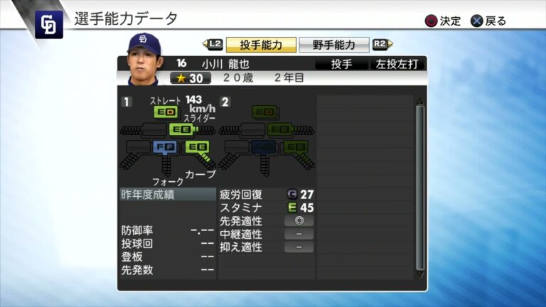 【プロスピ2011選手能力】中日 16 小川龍也選手