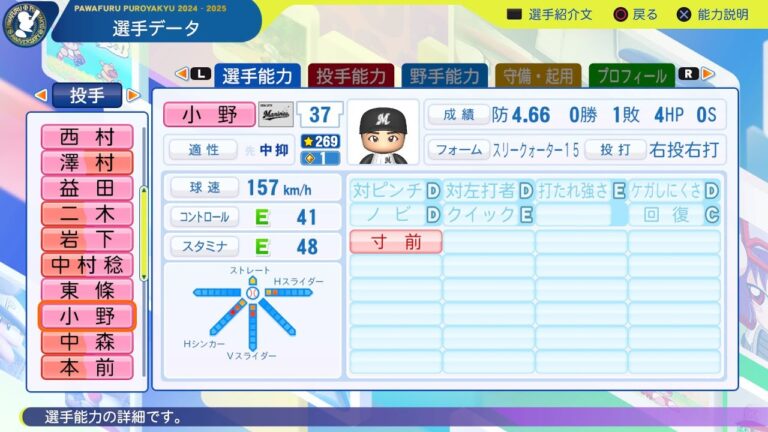 【パワプロ2024選手名鑑/NPB PlayersDate】ロッテ 37 小野郁選手 Marines Fumiya Ono
