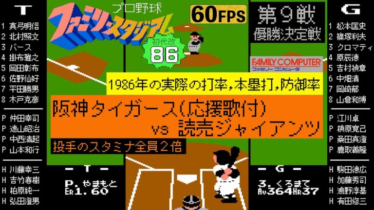 【初代ファミスタ改(86)】阪神タイガース(応援歌付)vs読売ジャイアンツ(巨人) 1986年